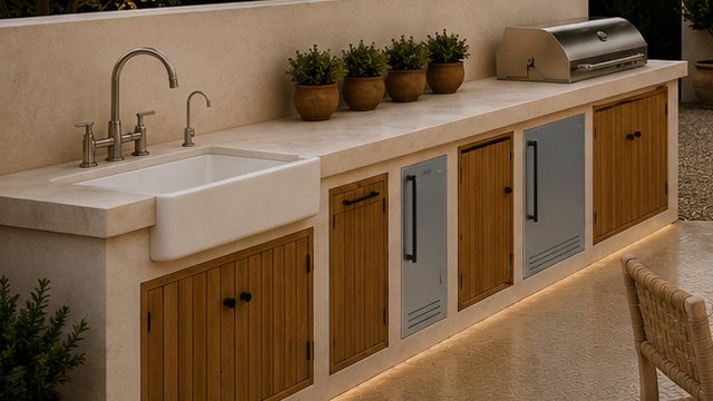 Cooper Residence outdoor kitchen — apron sink, cabinetry and BBQ grill