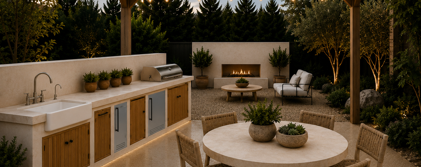 Cooper Residence — outdoor kitchen, fireplace and pergola render